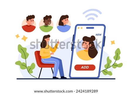 Referral program. Tiny woman sitting near big mobile phone to increase interaction, advertising influencers offer message for girl to follow and join group of customers cartoon vector illustration