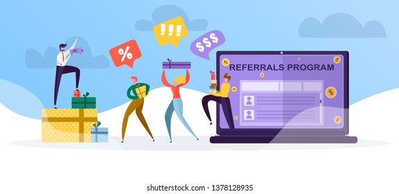 referral program for users, gifts, money and discounts for friends, a man is calling for new users of the referral program through a megaphone, Vector illustration for web site and landing page