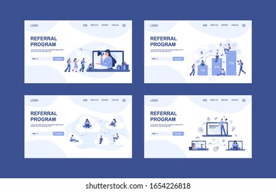 Banner web del programa de referencia o juego de páginas de inicio. Personas que trabajan en marketing de referencia. Asociación empresarial, estrategia del programa de remisión y concepto de desarrollo. Ilustración del vector