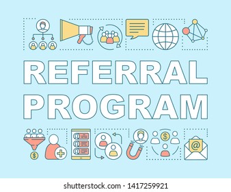 Referral program word concepts banner. Influencer marketing tools. Customer attraction strategy. Presentation, website. Isolated lettering typography idea, linear icons. Vector outline illustration