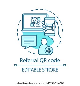 Icono de concepto de código QR de referencia. Autorización de usuario, idea de registro ilustración de línea delgada. Amigo de referencia, nueva invitación del cliente. Crear cuenta. Dibujo de contorno aislado del vector. Trazo editable