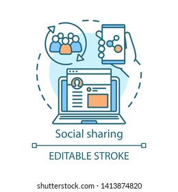 Referral social sharing concept icon. Marketing search idea thin line illustration. Smm, social networking, contact sharing. Customer feedback online. Vector isolated outline drawing. Editable stroke
