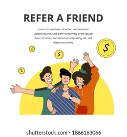 Referral system, receive bonuses together with friends. Cool discounts. Referral marketing program. Friends sharing service. Vector flat illustration. 