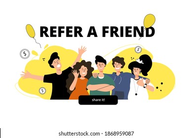 Referral system, receive bonuses together with friends. Cool discounts. Referral marketing program. Friends sharing service. Vector flat illustration. 