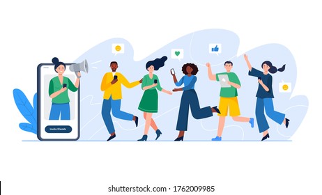 Referral system, refer a friend, a loyalty program. Group of people or customers are holding phones and join invitations. Trendy vector illustration for banners, landing page template, mobile app.