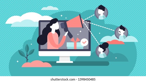 Referral vector illustration. Flat tiny products promotion persons concept. New customers word of mouth engagement method. Marketing consumer audience communication service for influencer advertising. - Shutterstock ID 1398450485