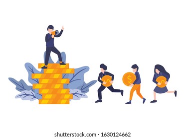 Referral vector illustration. Flat tiny products promotion persons concept. People shout on megaphone, friends walking bring dollar coins, for landing page, template, ui, web, mobile app, and banner.