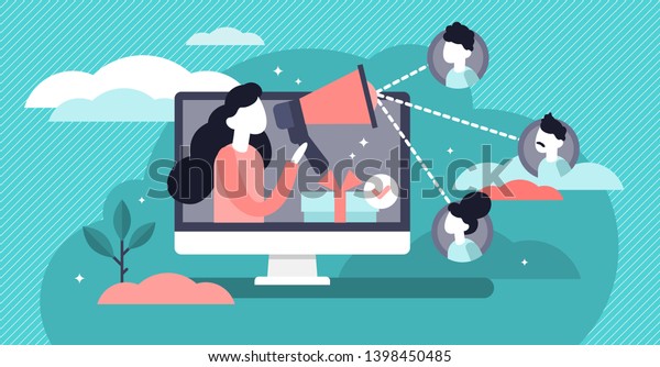 Referral vector illustration. Flat tiny\
products promotion persons concept. New customers word of mouth\
engagement method. Marketing consumer audience communication\
service for influencer\
advertising.