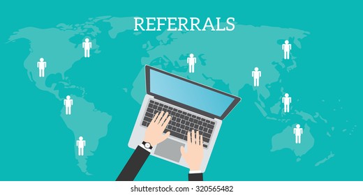 referrals business location with laptop world map people location 