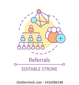 Referrals concept icon. Network marketing idea thin line illustration. Word of mouth referral program strategy vector isolated outline drawing. Referring friends, business partnership. Editable stroke