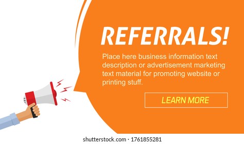 Referrals program marketing advertising web banner with loudspeaker information person announcement vector illustration design, concept of affiliate promotion invitation notice poster template