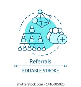 Referrals turquoise concept icon. Network marketing idea thin line illustration. Word of mouth referral program strategy vector isolated outline drawing. Referring friends. Editable stroke