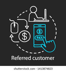 Referred customer concept chalk icon. Referral marketing idea. PPC, customer attraction. Online paymetns. Vector isolated chalkboard illustration