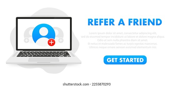 Reffer a friend banner vector design on laptop. Refferal system. Recommend a friend. Bubbles matter. Banner for websites. Vector illustration