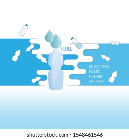 Refill drinking water with reusable bottle help stoppping single-use plastic waste entering the ocean. Vector illustration outline flat design style.