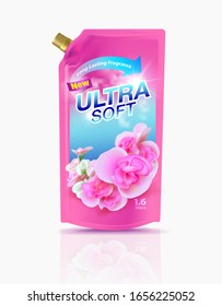 Refill fabric softener product, 1.6 liters, gold cap, premium
Design fabric softener, floral scent, for lasting fragrance
Bright sweet pink. Vector realistic file.