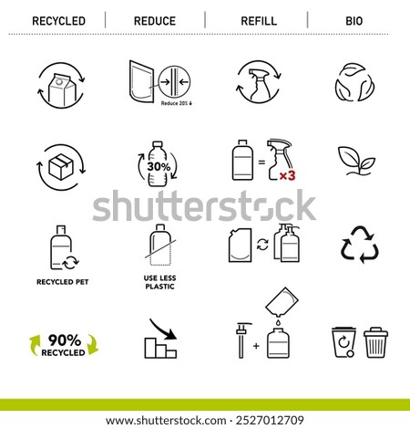 Refill packaging icons set. The outline icons are well scalable and editable. Contrasting elements are good for different backgrounds. Can be used for cleaning products, chemicals, sprayers. EPS10.