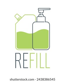 Refill program logo or icon in thin line, also as Reduce, Reuse and Recycle. Part of Sustainable development strategy. Personal hygiene packaging with multiple use