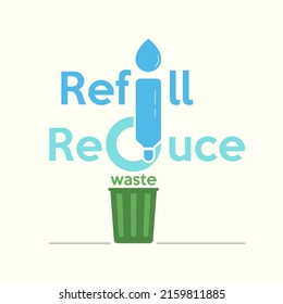 Refill reduce el diseño del concepto tipográfico de residuos. Estilo de diseño plano de la ilustración del vector.