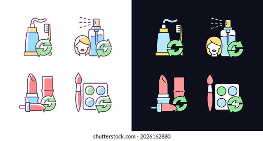 Refill and reuse light and dark theme RGB color icons set. Toothpaste and brush. Eco friendly package. Isolated vector illustrations on white and black space. Simple filled line drawings pack