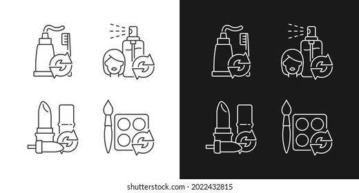 Refill and reuse linear icons set for dark and light mode. Toothpaste and brush. Eco friendly package. Customizable thin line symbols. Isolated vector outline illustrations. Editable stroke