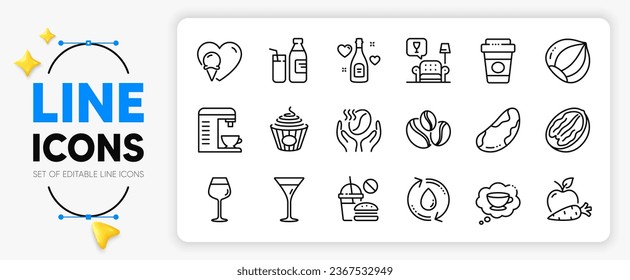 Refill water, Apple carrot and Pecan nut line icons set for app include Coffee cup, Lounge, Coffee machine outline thin icon. Coffee-berry beans, Martini glass, Milk pictogram icon. Vector