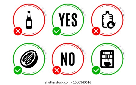 Refill water, Beer and Pecan nut icons simple set. Yes no check box. Coffee maker sign. Cooler bottle, Pub alcohol, Vegetarian food. Tea machine. Food and drink set. Refill water icon. Vector