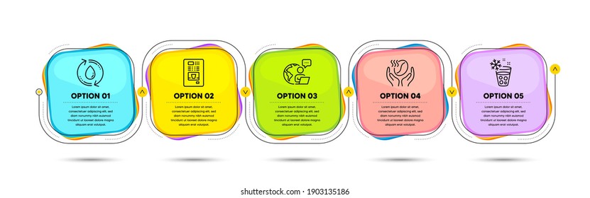 Rellene los iconos de la línea del fabricante de agua, café e hielo. Diagrama de flujo del proceso de línea de tiempo. Cartel de la cafetería. Reciclar aqua, frijol tostado, vidrio con hielo. Comida y bebida. Banner de la línea de tiempo de infografías. Vector