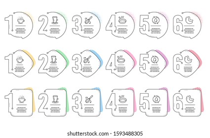 Refill water, Cooking whisk and Cashew nut line icons set. Infographic timeline. Coffee cup, Teacup and Frying pan signs. Recycle aqua, Cutlery, Vegetarian food. Hot drink. Food and drink set. Vector