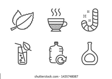 Refill water, Mint leaves and Water glass icons simple set. Cafe creme, Candy and Cognac bottle signs. Cooler bottle, Mentha herbal. Food and drink set. Line refill water icon. Editable stroke. Vector