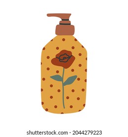 Refillable cosmetic bottle with pump cap and dispenser. Hand drawn vector illustration. Isolated on white background.