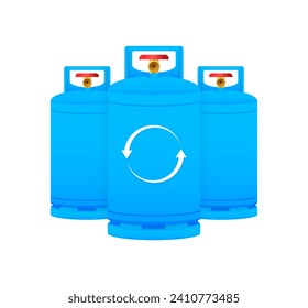 Refillable Gas Tank Vector Illustration, Blue Propane Container Set with Recycle Arrows, Sustainable Energy Concept