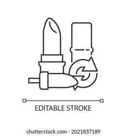 Icono lineal de lápiz labial que se puede rellenar. Cosmética sostenible. Paquete ecológico. Cero contenedor de desechos. Ilustración personalizable de línea delgada. Símbolo de contorno. Dibujo de contorno aislado del vector. Trazo editable