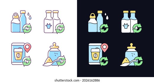 Refillable options light and dark theme RGB color icons set. Water bottle. Milk drink. Eco friendly package. Isolated vector illustrations on white and black space. Simple filled line drawings pack