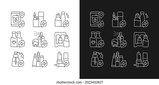 Refillable products linear icons set for dark and light mode. Zero waste to reduce carbon print on environment. Customizable thin line symbols. Isolated vector outline illustrations. Editable stroke