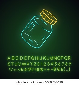 Refillable spice jar neon light icon. Reusable container for pepper, salt. Eco-friendly glassware, mason jar. Glowing sign with alphabet, numbers and symbols. Vector isolated illustration