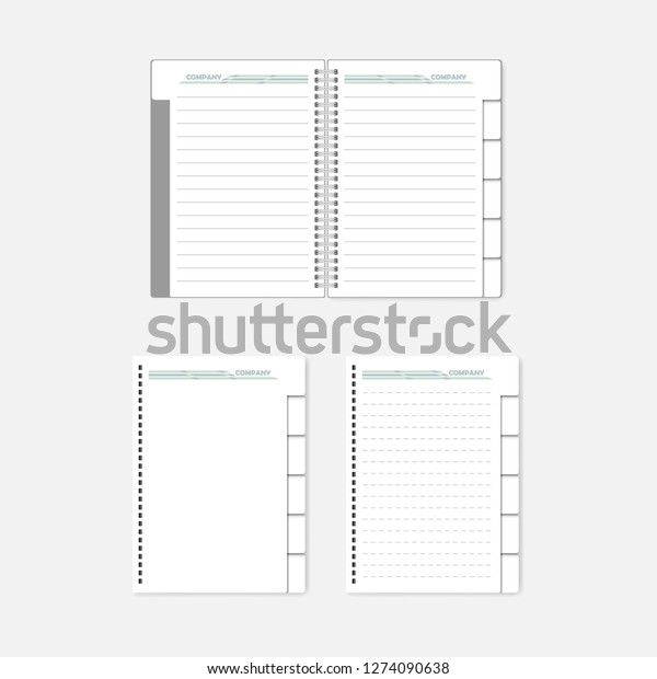 Refillable spiral notebook with\
tab dividers and filler paper. Mockup for corporate identity\
design