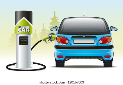 Refilling a hybrid car. Illustration of refueling the car with a hybrid engine fuel for automotive refueling.