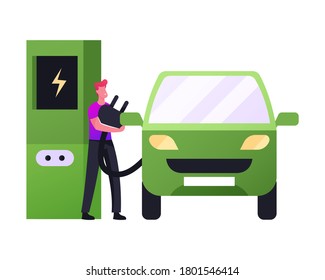 Refilling Station Worker Character Put Charger Plug to Car Socket. Eco Transport Electricity Power Concept. Environment Ecology Protection, Electric Car Green Technology. Cartoon Vector Illustration