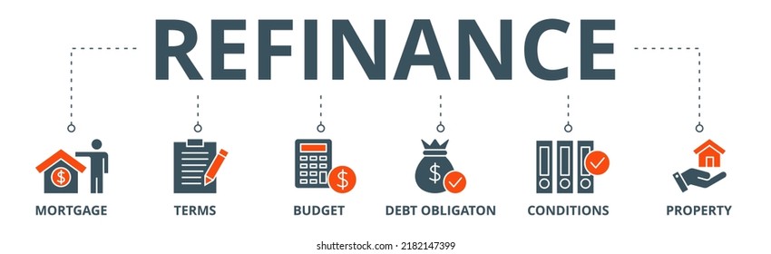 Refinance Banner Web Icon Vector Illustration Concept With Icon Of Mortgage, Terms, Budget, Debt Obligation, Conditions And Property