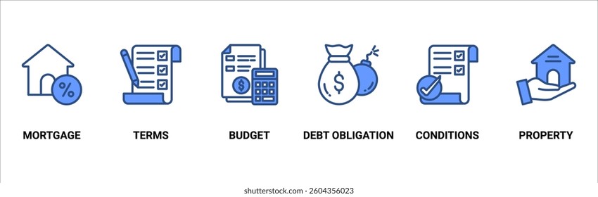 Refinance banner web icon vector illustration concept with icon of mortgage, terms, budget, debt obligation, conditions and property