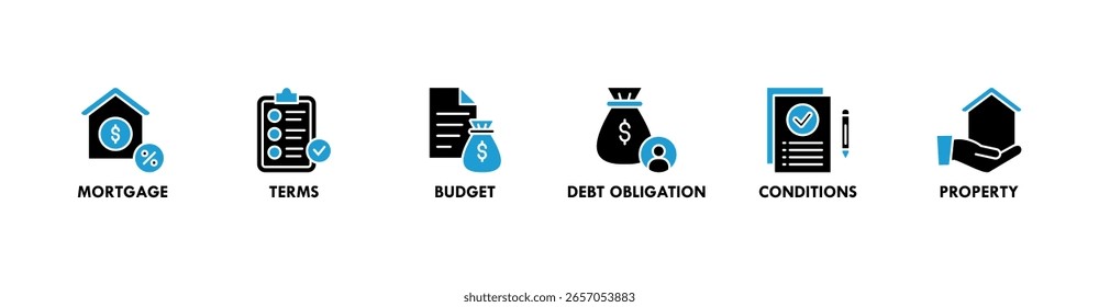Refinanciar banner web icon vetor ilustração conceito com ícone de hipoteca, termos, orçamento, obrigação de dívida, condições e propriedade