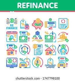 Refinance Financial Collection Icons Set Vector. Mortgage And Credit Car, Debt Obligation And Property, Money Cash And Percent Refinance Concept Linear Pictograms. Color Illustrations