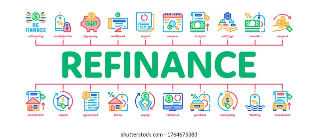 Refinance Financial Minimal Infographic Web Banner Vector. Mortgage And Credit Car, Debt Obligation And Property, Money Cash And Percent Refinance Illustration