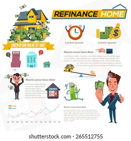 Refinance Home With Graphic Element. Debt Man And Rich Man Character. Concept Of Mortgage Loan - Vector Illustration