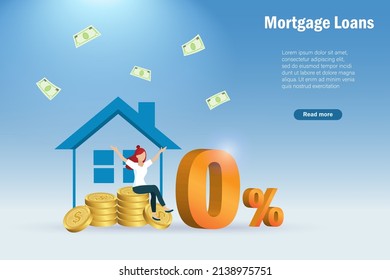 Refinance, Home Loan, House Or Real Estate Mortgage Concept. Happy Woman Sit On Gold Coins With 0% Interest Rate. Promotion Campaign In Financial, Banking Business.