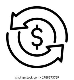 Refinance icon, dollar symbol placed in the middle of the reverse arrows. Line vector. Isolate on white background.