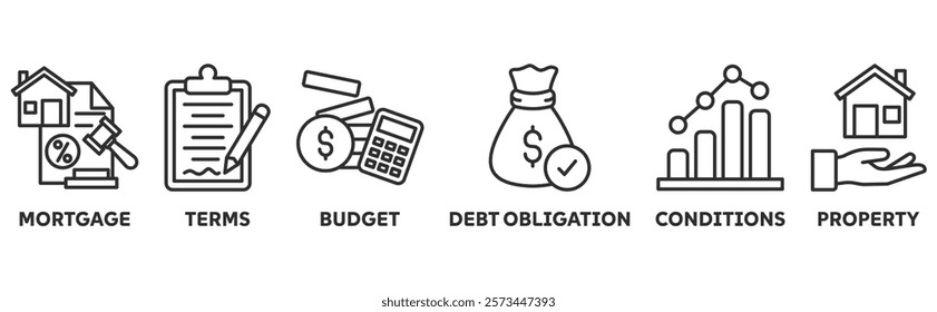Refinance icon set illustration concept with icon of mortgage, terms, budget, debt obligation, conditions, property