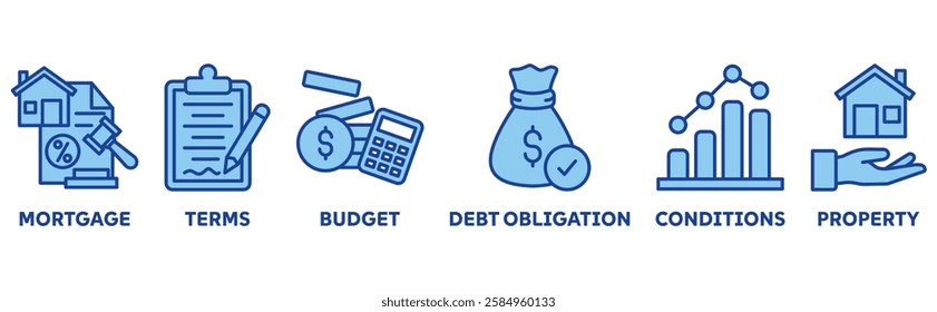 Refinance icon set illustration concept with icon of mortgage, terms, budget, debt obligation, conditions, property