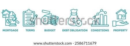 Refinance icon set illustration concept with icon of mortgage, terms, budget, debt obligation, conditions, property